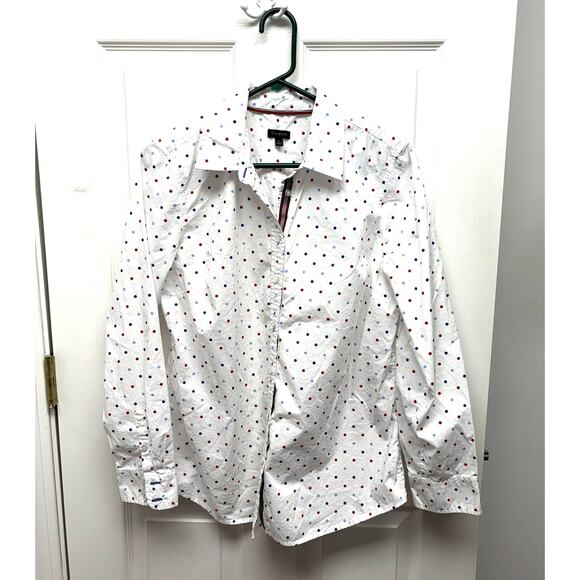 Talbots White Button Up Blouse, Red Blue Polka Dot, Ribbon Accent, Womens Size L - Picture 1 of 6